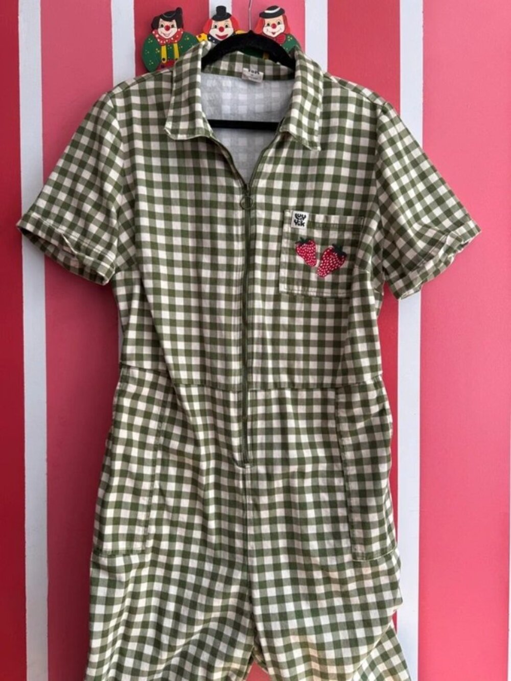 Lucy & Yak Ragan Jumpsuit Green Gingham Strawberry Embroidery UK 20 / US 16 - Picture 5 of 6